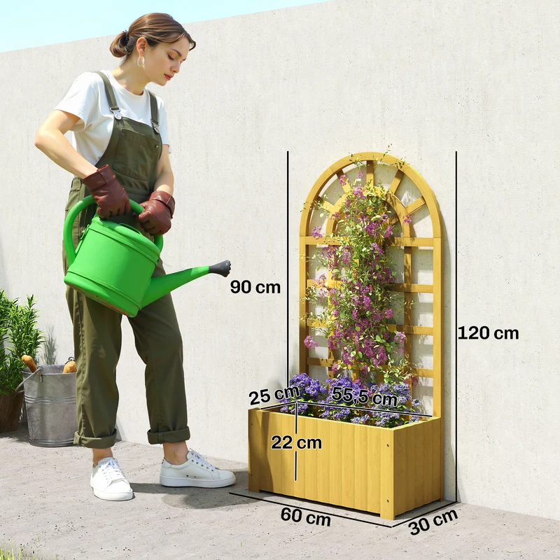 Outsunny Jardinera con Enrejado de Madera, Jardinera Exterior Grande para Plantas Trepadoras, con Ofricios de Drenaje, Macetero Elevado para Jardín, Patio, Terraza, 60x30x120 cm, Natural