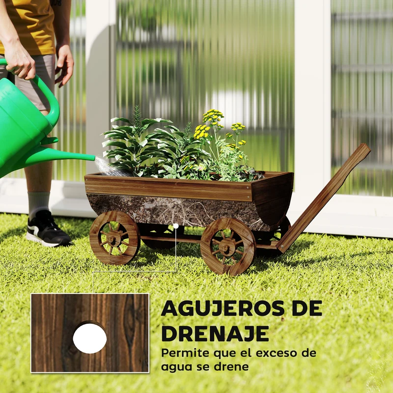 Outsunny Carrito de Madera Decorativa con 4 Ruedas y Mango, Jardinera Exterior Móvil con Orificio de Drenaje, Macetero Exterior para Cultivos, Plantas, Jardín, Terraza, 115x40x54,5 cm, Carbonizado