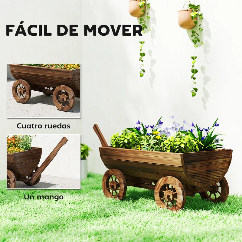 Outsunny Carrito de Madera Decorativa con 4 Ruedas y Mango, Jardinera Exterior Móvil con Orificio de Drenaje, Macetero Exterior para Cultivos, Plantas, Jardín, Terraza, 115x40x54,5 cm, Carbonizado