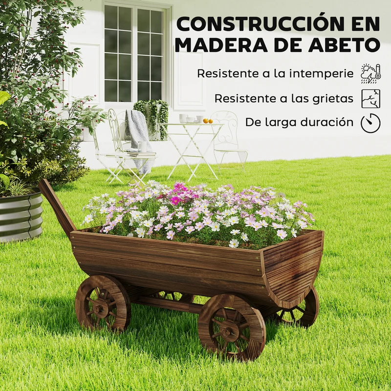 Outsunny Carrito de Madera Decorativa con 4 Ruedas y Mango, Jardinera Exterior Móvil con Orificio de Drenaje, Macetero Exterior para Cultivos, Plantas, Jardín, Terraza, 115x40x54,5 cm, Carbonizado