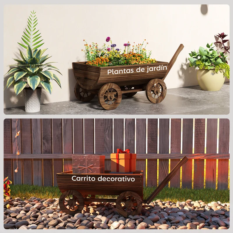Outsunny Carrito de Madera Decorativa con 4 Ruedas y Mango, Jardinera Exterior Móvil con Orificio de Drenaje, Macetero Exterior para Cultivos, Plantas, Jardín, Terraza, 115x40x54,5 cm, Carbonizado