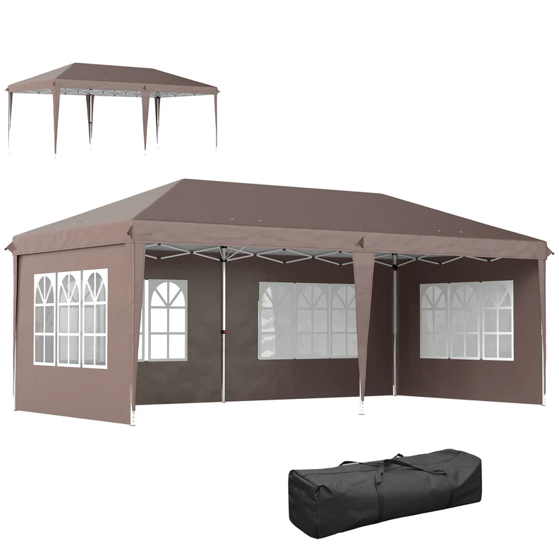 Outsunny Carpa Plegable 6x3 m, Pop-up, con 4 Laterales Desmontables, Cenador de Jardín con 4 Ventanas Visibles y Bolsa de Transporte, Impermeable, Anti-UV, Gazebo para Camping, Fiestas, Exterior, Café