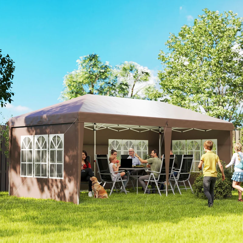 Outsunny Carpa Plegable 6x3 m, Pop-up, con 4 Laterales Desmontables, Cenador de Jardín con 4 Ventanas Visibles y Bolsa de Transporte, Impermeable, Anti-UV, Gazebo para Camping, Fiestas, Exterior, Café