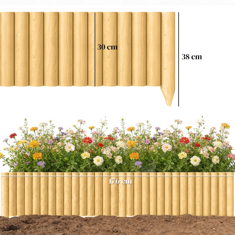Outsunny Valla de Jardín de Madera, 176x38 cm, Valla de Jardín Exterior Decorativa, Resistente y Fácil de Instalar, para Huerto, Patio, Terraza, Césped, Natural