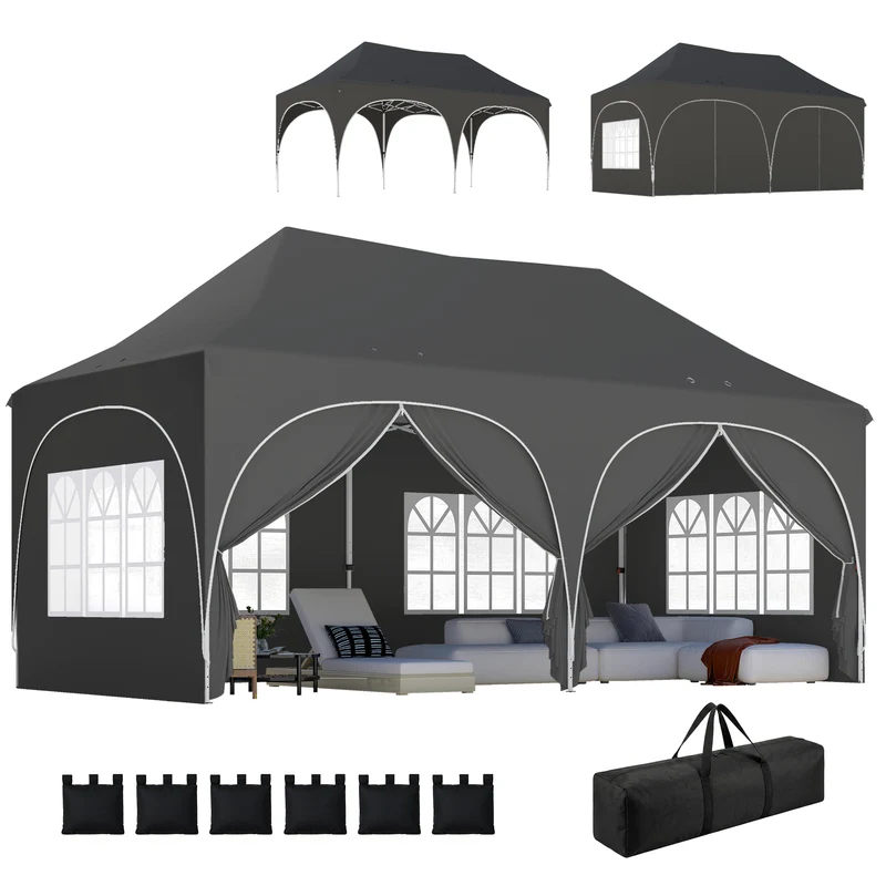 Outsunny Carpa Plegable 6x3 m, Pop-up, con 6 Laterales Extraíbles, Cenador de Jardín con Altura Ajustable, Ventanas, Bolsa de Transporte, UPF30+, Gazebo para Camping, Fiestas, Exterior, Gris Oscuro