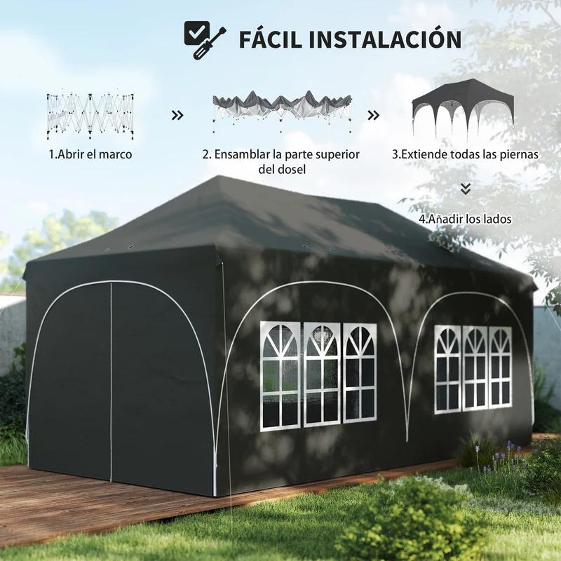 Outsunny Carpa Plegable 6x3 m, Pop-up, con 6 Laterales Extraíbles, Cenador de Jardín con Altura Ajustable, Ventanas, Bolsa de Transporte, UPF30+, Gazebo para Camping, Fiestas, Exterior, Gris Oscuro