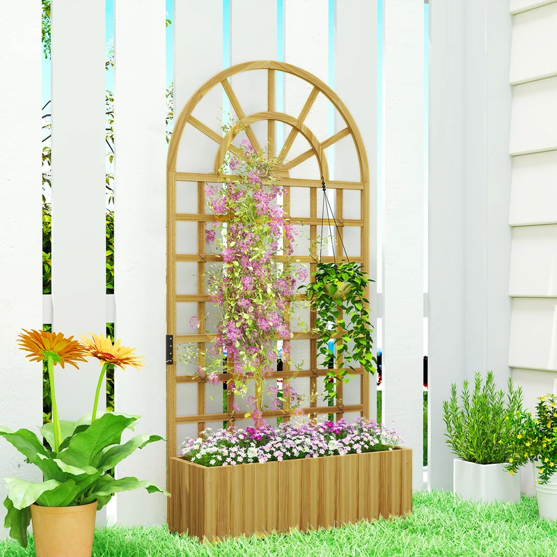 Outsunny Jardinera con Enrejado de Madera, Jardinera Exterior Grande para Plantas Trepadoras, con Ofricios de Drenaje, Macetero Elevado para Jardín, Patio, Terraza, 90x30x180 cm, Natural