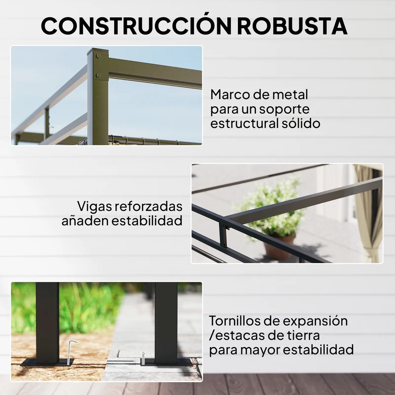 Outsunny Pérgola de Jardín 3x3 m con Techo Retráctil y 4 Cortinas, Cenador de Jardín con Protección UV30+, Impermeable, Estructura Metálica, Pabellón para Patio, Terraza, Exterior, Beige