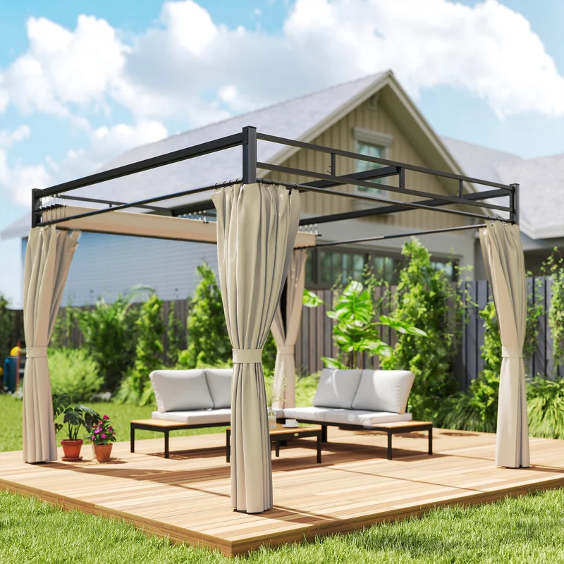 Outsunny Pérgola de Jardín 3x3 m con Techo Retráctil y 4 Cortinas, Cenador de Jardín con Protección UV30+, Impermeable, Estructura Metálica, Pabellón para Patio, Terraza, Exterior, Beige