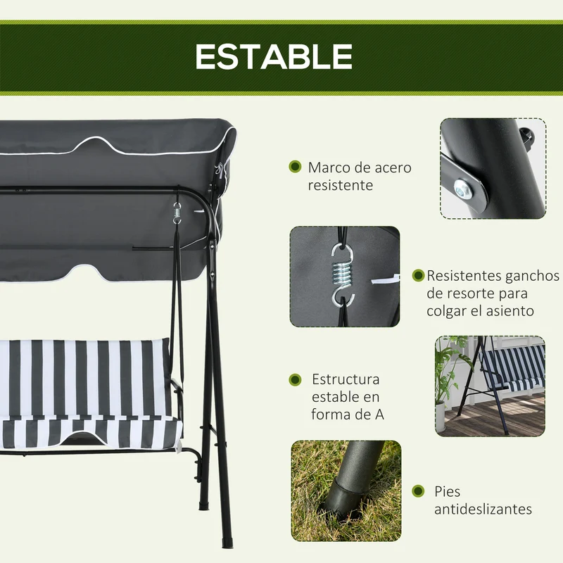 Outsunny Columpio de Jardín Exterior de 3 Plazas, Balancín de Jardín Exterior con Techo Ajustable y Marco de Acero, para Balcón, Terraza, Patio, Carga 240 kg, 172x110x153 cm, Gris y Blanco