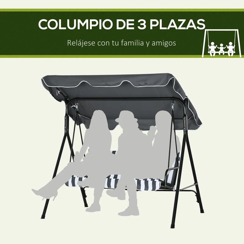 Outsunny Columpio de Jardín Exterior de 3 Plazas, Balancín de Jardín Exterior con Techo Ajustable y Marco de Acero, para Balcón, Terraza, Patio, Carga 240 kg, 172x110x153 cm, Gris y Blanco