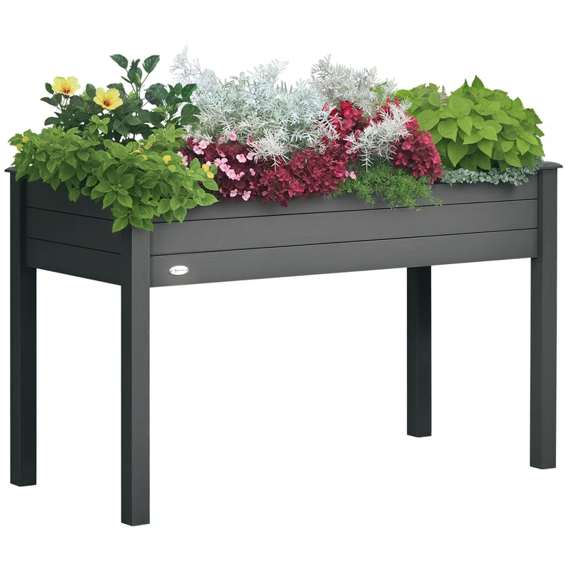 Outsunny Huerto Urbano Elevado de Madera, Mesa de Cultivo con Tela no Tejida y 4 Orificios de Drenaje, para Cultivo, Plantas, Flores y Verduras, 122,5x56,5x76 cm, Gris Oscuro