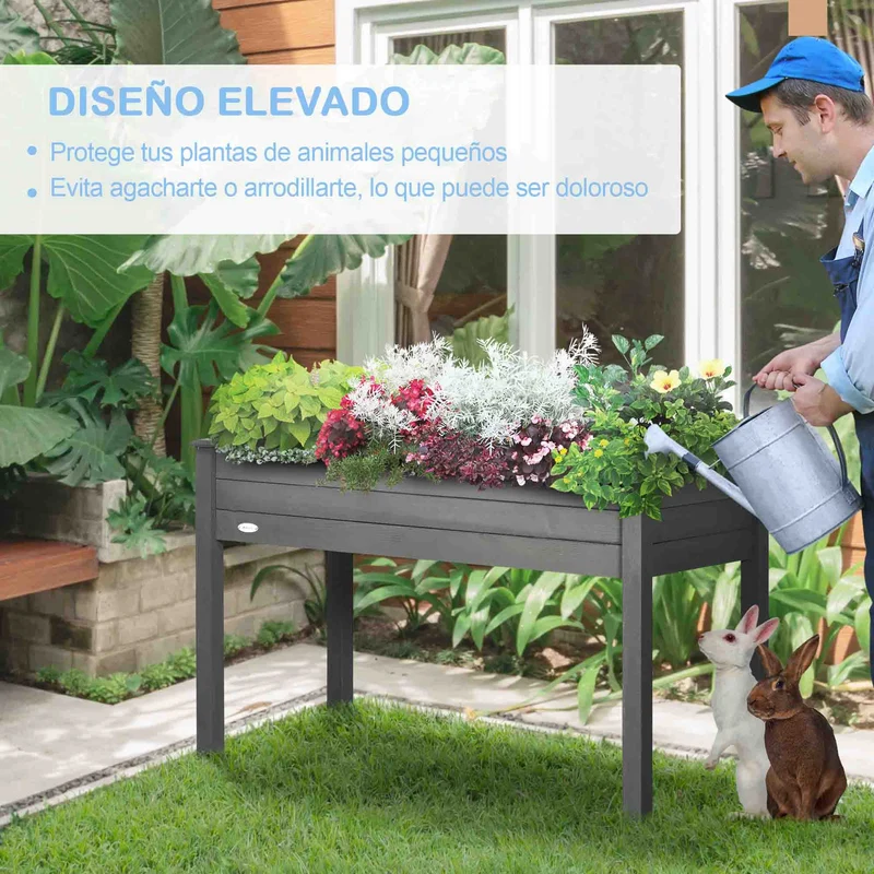 Outsunny Huerto Urbano Elevado de Madera, Mesa de Cultivo con Tela no Tejida y 4 Orificios de Drenaje, para Cultivo, Plantas, Flores y Verduras, 122,5x56,5x76 cm, Gris Oscuro