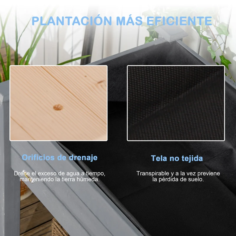 Outsunny Huerto Urbano Elevado de Madera, Mesa de Cultivo con Tela no Tejida y 4 Orificios de Drenaje, para Cultivo, Plantas, Flores y Verduras, 122,5x56,5x76 cm, Gris Oscuro