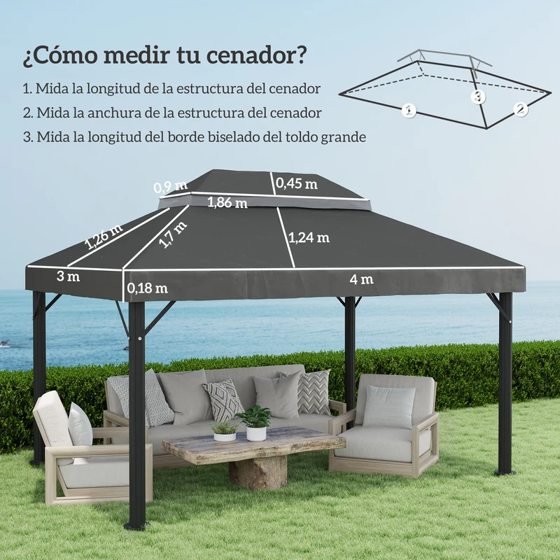 Outsunny Techo de Repuesto para Cenador, 4x3 m, Cubierta de Repuesto con Techo Doble, Orificios de Drenaje y Protección UPF30+, SOLO Toldo de Recambio para Pabellón Gazebo, Gris Oscuro