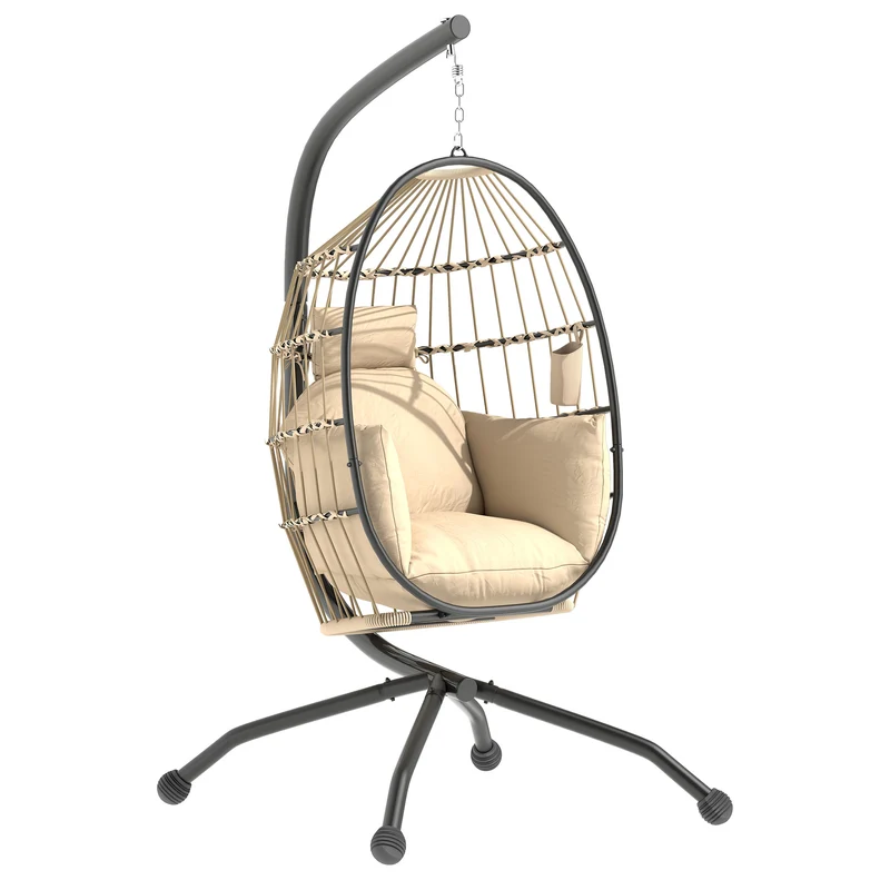 Outsunny Silla Colgante Huevo con Soporte Columpio Jardín Exterior con Cesta Plegable Cojín y Reposacabezas Portavaso Columpio Colgante para Interior y Exterior Carga 120 kg Caqui