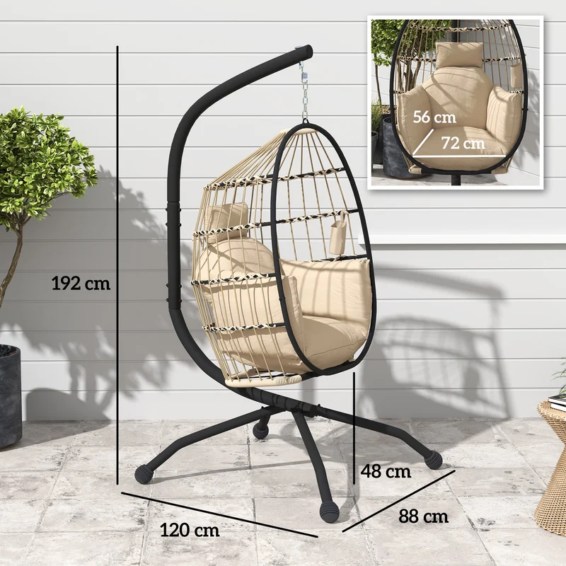 Outsunny Silla Colgante Huevo con Soporte Columpio Jardín Exterior con Cesta Plegable Cojín y Reposacabezas Portavaso Columpio Colgante para Interior y Exterior Carga 120 kg Caqui