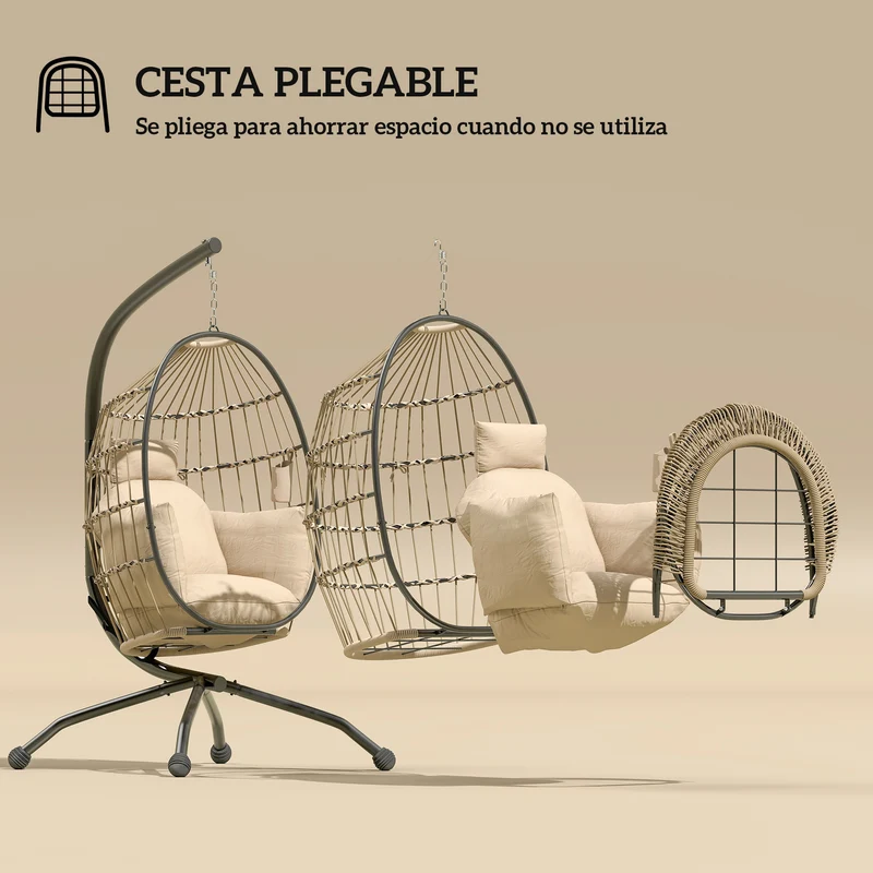 Outsunny Silla Colgante Huevo con Soporte Columpio Jardín Exterior con Cesta Plegable Cojín y Reposacabezas Portavaso Columpio Colgante para Interior y Exterior Carga 120 kg Caqui