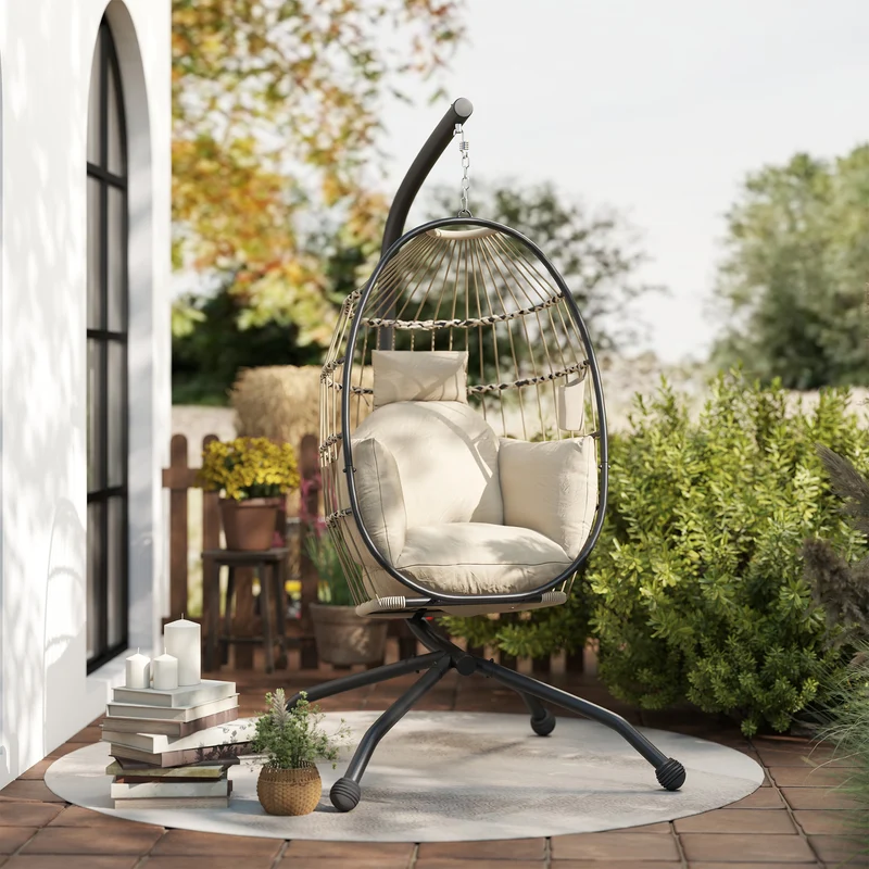 Outsunny Silla Colgante Huevo con Soporte Columpio Jardín Exterior con Cesta Plegable Cojín y Reposacabezas Portavaso Columpio Colgante para Interior y Exterior Carga 120 kg Caqui