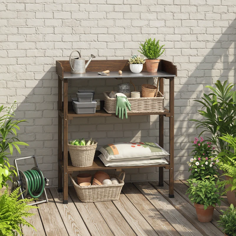 Outsunny Mesa de Plantación de Madera de 3 Niveles, Mesa de Jardinería con Placa Metálica, 2 Estantes y Ganchos, Resistente a la Intemperie, para Jardín, Terraza, Balcón, 76x37x89 cm, Carbonizado