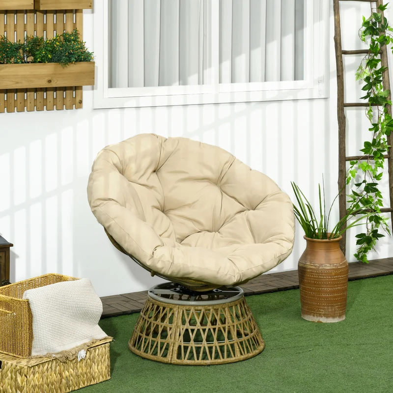 Outsunny Sillón Papasan Giratorio 360° de Ratán Sintético, Silla Redonda de Mimbre PE con Cojín y Marco de Acero, Resistente a Intemperie, Carga 120 kg, para Jardín, Terraza, 85x70x82 cm, Amarillo