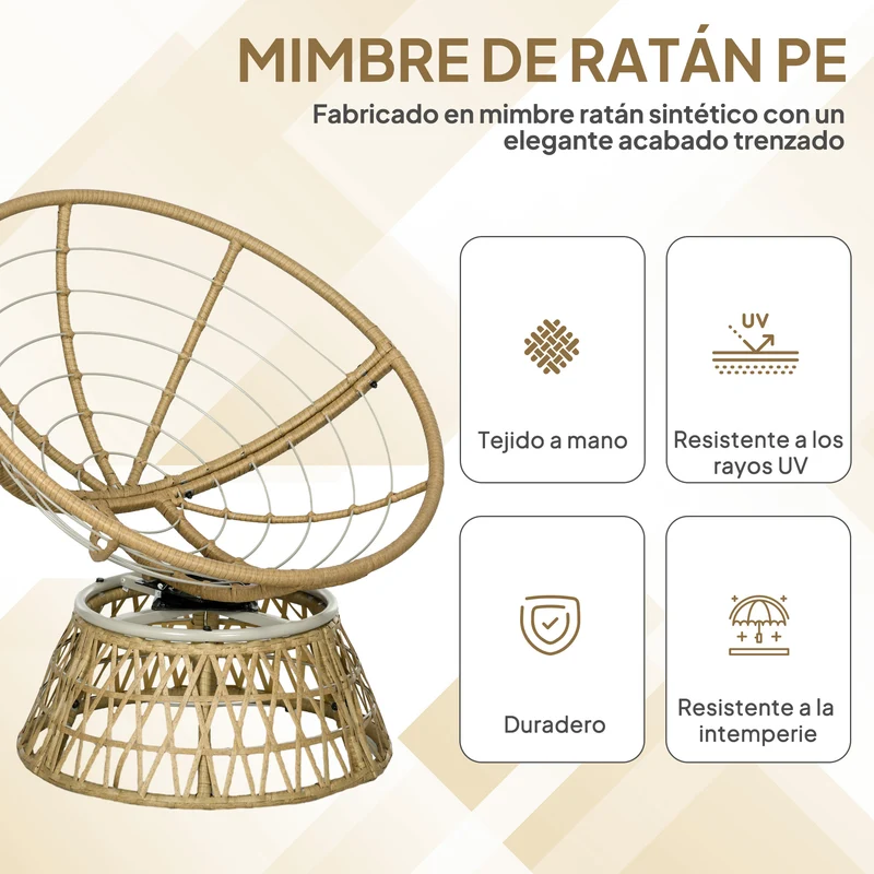 Outsunny Sillón Papasan Giratorio 360° de Ratán Sintético, Silla Redonda de Mimbre PE con Cojín y Marco de Acero, Resistente a Intemperie, Carga 120 kg, para Jardín, Terraza, 85x70x82 cm, Amarillo