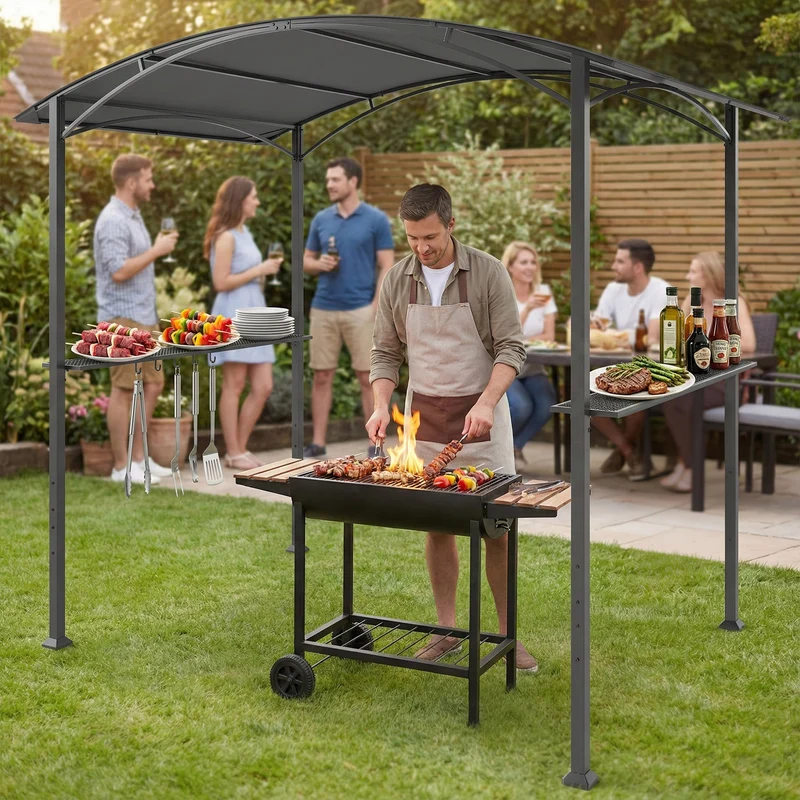 Outsunny Carpa Barbacoa 2,4 x 1,5 m, Cenador de Pérgola con 2 Estantes Laterales, Toldo Resistente a la intemperie, Ganchos y Estructura de Acero, para Jardín Terraza Exterior Camping BBQ, Gris Oscuro
