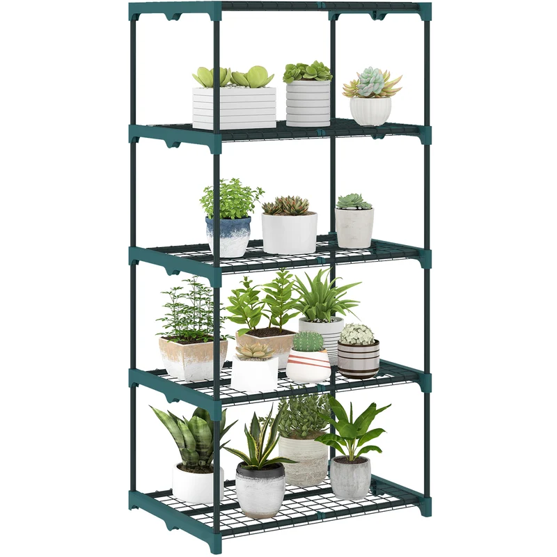 Outsunny Soporte para Plantas de 5 Niveles, Estantería para Plantas de Acero, Estantes de Rejilla, Soporte para Macetas, Interior y Exterior, 67x49x138 cm, Verde Oscuro