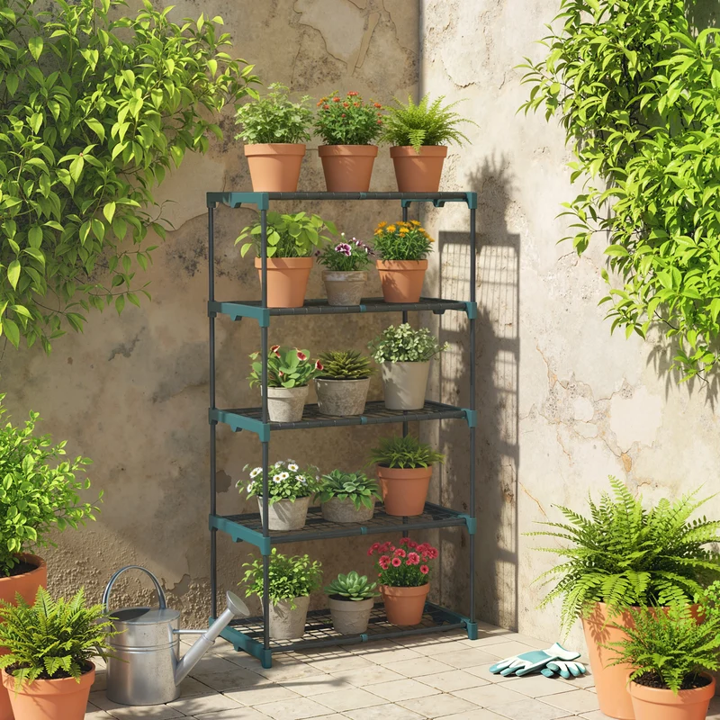 Outsunny Soporte para Plantas de 5 Niveles, Estantería para Plantas de Acero, Estantes de Rejilla, Soporte para Macetas, Interior y Exterior, 67x49x138 cm, Verde Oscuro