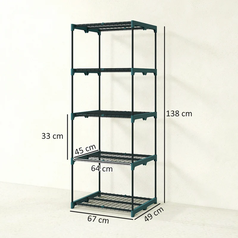Outsunny Soporte para Plantas de 5 Niveles, Estantería para Plantas de Acero, Estantes de Rejilla, Soporte para Macetas, Interior y Exterior, 67x49x138 cm, Verde Oscuro
