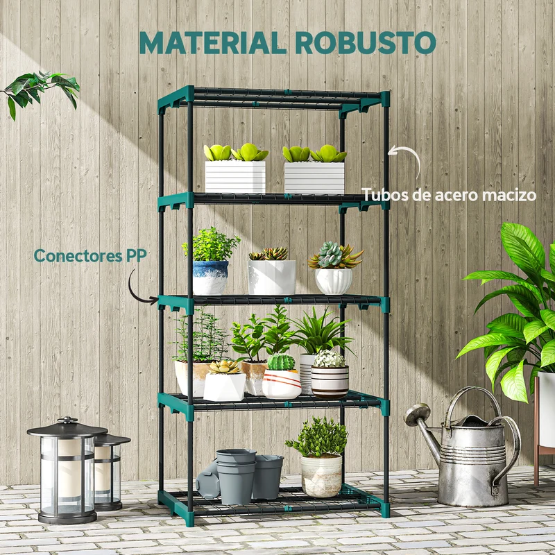 Outsunny Soporte para Plantas de 5 Niveles, Estantería para Plantas de Acero, Estantes de Rejilla, Soporte para Macetas, Interior y Exterior, 67x49x138 cm, Verde Oscuro