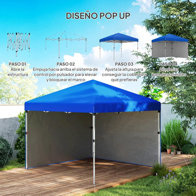 Outsunny Carpa Plegable Pop-up Gazebo 3x3 m Cenador Plegable con 2 Paredes Laterales Anti-UV Altura Ajustable en 3 Niveles Sacos de Arena y Bolsa de Transporte con Ruedas para Camping Fiestas Azul