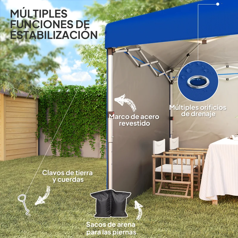Outsunny Carpa Plegable Pop-up Gazebo 3x3 m Cenador Plegable con 2 Paredes Laterales Anti-UV Altura Ajustable en 3 Niveles Sacos de Arena y Bolsa de Transporte con Ruedas para Camping Fiestas Azul