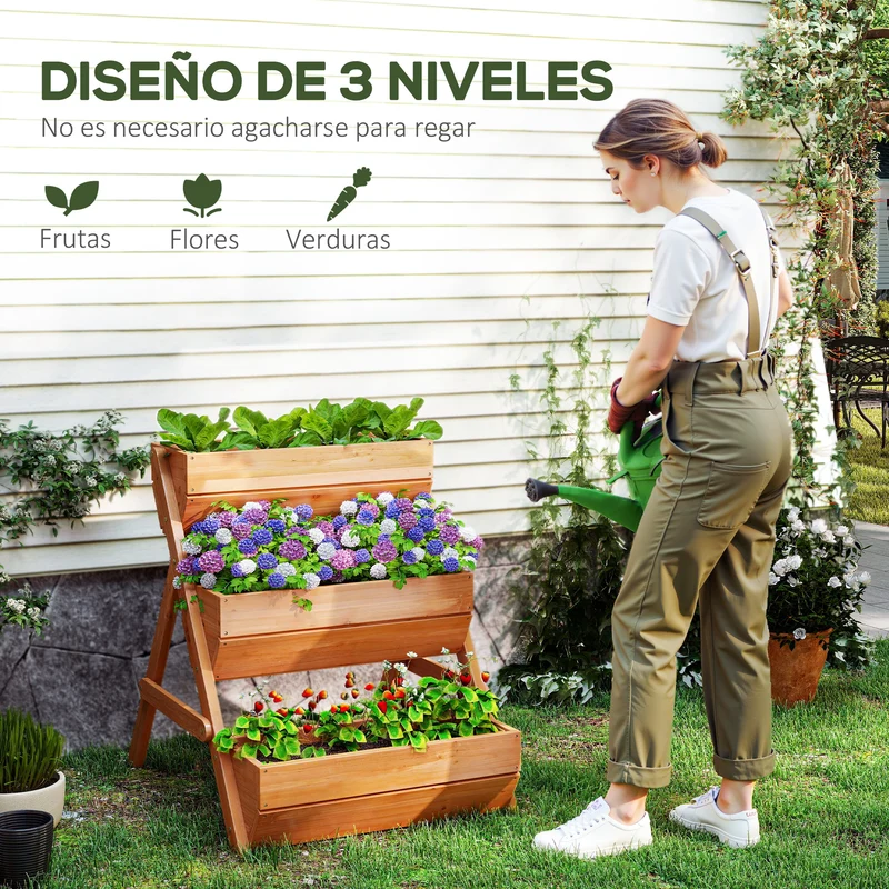 Outsunny Jardinera de Madera de 3 Niveles, Jardinera Elevada Exterior con Orificios de Drenaje, Macetero para Cultivos de Plantas, Flores, para Terraza, Jardín, 65x75x76 cm, Marrón