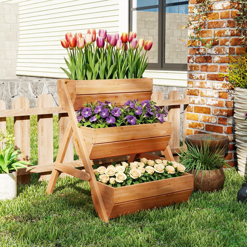 Outsunny Jardinera de Madera de 3 Niveles, Jardinera Elevada Exterior con Orificios de Drenaje, Macetero para Cultivos de Plantas, Flores, para Terraza, Jardín, 65x75x76 cm, Marrón