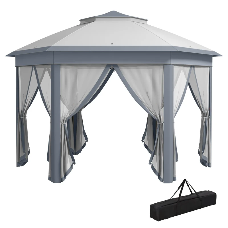 Outsunny Carpa Plegable 4x3,4 m, Cenador de Jardín Hexagonal con Doble Techo, 6 Mosquiteras Extraíbles y Bolsa de Transporte, Impermeable, Anti-UV para Exterior, Fiestas, Gris