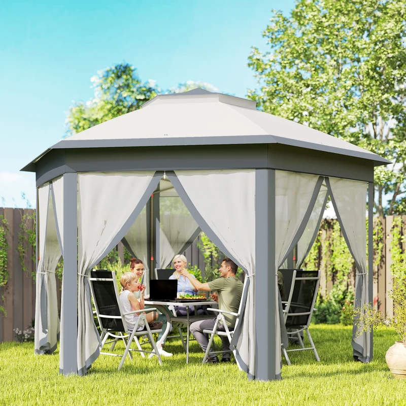 Outsunny Carpa Plegable 4x3,4 m, Cenador de Jardín Hexagonal con Doble Techo, 6 Mosquiteras Extraíbles y Bolsa de Transporte, Impermeable, Anti-UV para Exterior, Fiestas, Gris