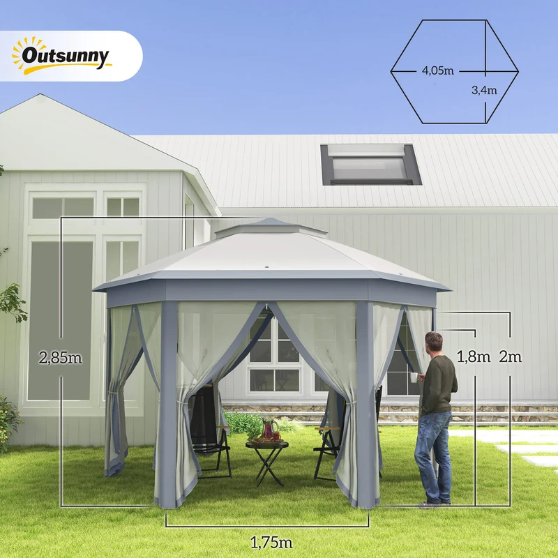 Outsunny Carpa Plegable 4x3,4 m, Cenador de Jardín Hexagonal con Doble Techo, 6 Mosquiteras Extraíbles y Bolsa de Transporte, Impermeable, Anti-UV para Exterior, Fiestas, Gris