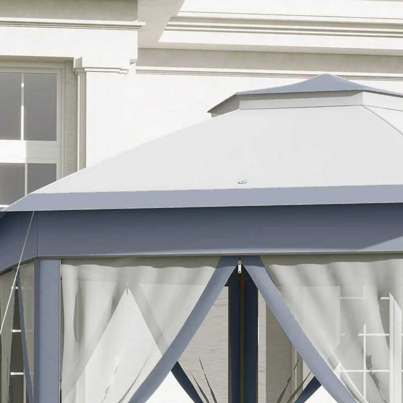 Outsunny Carpa Plegable 4x3,4 m, Cenador de Jardín Hexagonal con Doble Techo, 6 Mosquiteras Extraíbles y Bolsa de Transporte, Impermeable, Anti-UV para Exterior, Fiestas, Gris