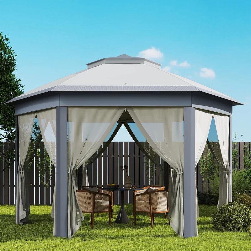 Outsunny Carpa Plegable 4x3,4 m, Cenador de Jardín Hexagonal con Doble Techo, 6 Mosquiteras Extraíbles y Bolsa de Transporte, Impermeable, Anti-UV para Exterior, Fiestas, Gris