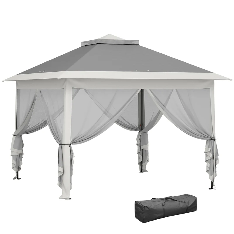 Outsunny Carpa Plegable 3,3x3,3 m Pop-up, Cenador de Jardín con Altura Ajustable 3 Niveles, Doble Techo, 4 Mosquiteras Extraíbles y Bolsa Transporte, Impermeable, Anti-UV para Exterior, Gris Oscuro