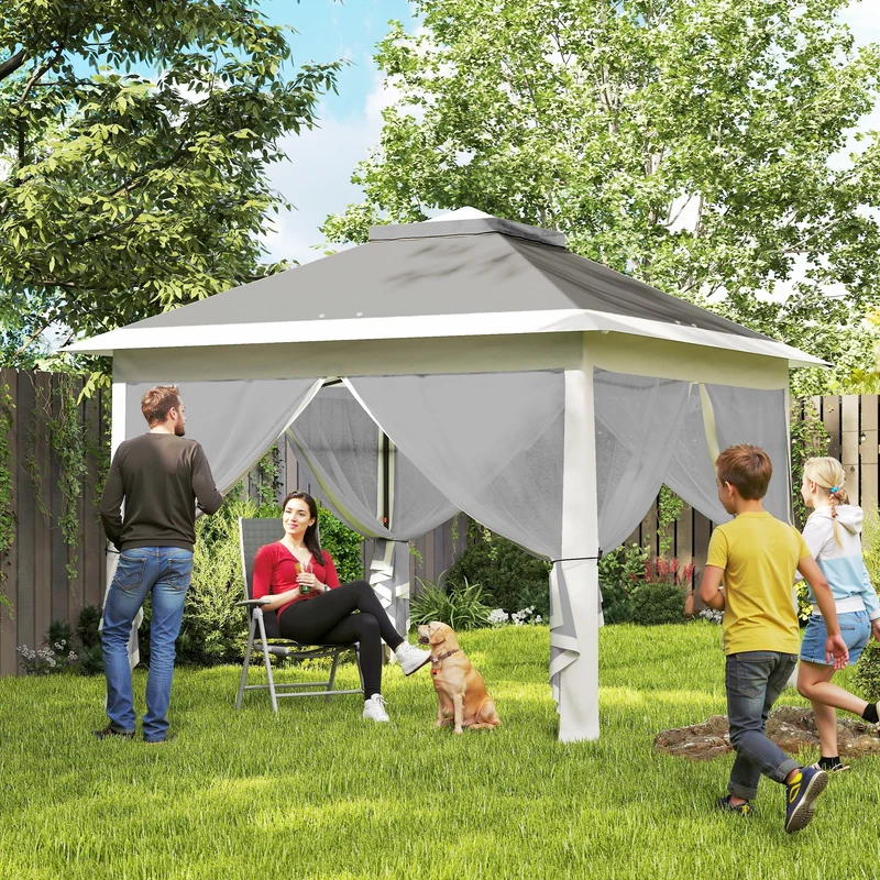 Outsunny Carpa Plegable 3,3x3,3 m Pop-up, Cenador de Jardín con Altura Ajustable 3 Niveles, Doble Techo, 4 Mosquiteras Extraíbles y Bolsa Transporte, Impermeable, Anti-UV para Exterior, Gris Oscuro