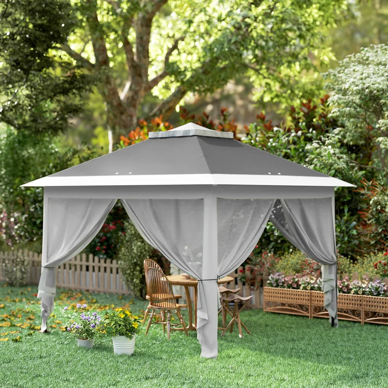 Outsunny Carpa Plegable 3,3x3,3 m Pop-up, Cenador de Jardín con Altura Ajustable 3 Niveles, Doble Techo, 4 Mosquiteras Extraíbles y Bolsa Transporte, Impermeable, Anti-UV para Exterior, Gris Oscuro