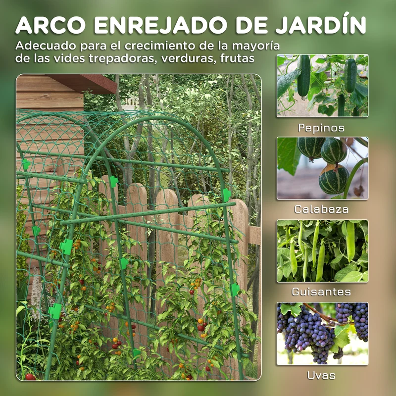Outsunny Enrejado de Pepino 206 cm, Enrejado de Jardín de Arco para Plantas Trepadoras al Aire Libre, en Forma de U, con Estructura de Acero Recubierta de PE y Red, Soporte para Verduras, Frutas