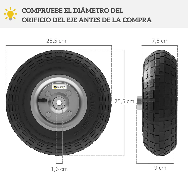 Outsunny Juego de 4 Ruedas para Carretilla, Neumáticos de Goma Ø255 x 75 mm, Ruedas de Repuesto, Eje de 16 mm, Carga 80 kg, para Carros de Mano y Carritos de Jardín, Negro