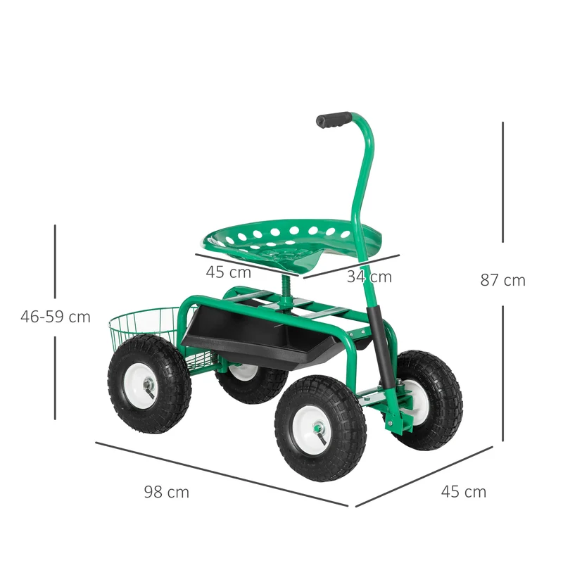 Outsunny Asiento de Jardín con Ruedas, Taburete de Jardinería con Asiento Giratorio y Ajustable en Altura, Ruedas Neumáticas, Bandeja de Herramientas y Cesta, Carga 150 kg para Patio, Exterior, Verde