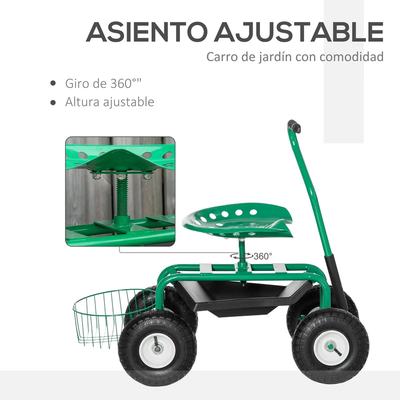 Outsunny Asiento de Jardín con Ruedas, Taburete de Jardinería con Asiento Giratorio y Ajustable en Altura, Ruedas Neumáticas, Bandeja de Herramientas y Cesta, Carga 150 kg para Patio, Exterior, Verde