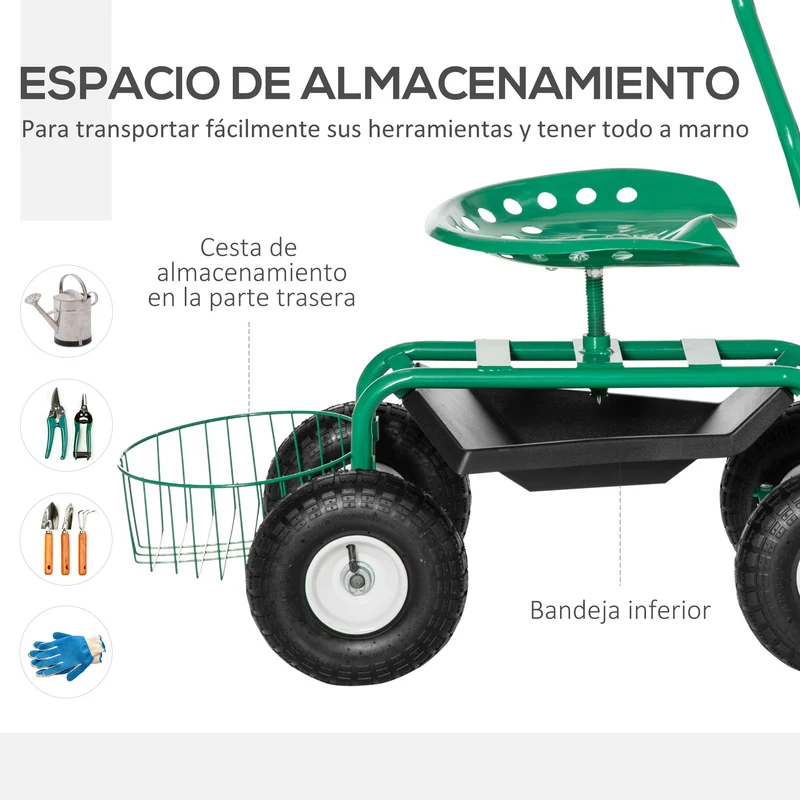Outsunny Asiento de Jardín con Ruedas, Taburete de Jardinería con Asiento Giratorio y Ajustable en Altura, Ruedas Neumáticas, Bandeja de Herramientas y Cesta, Carga 150 kg para Patio, Exterior, Verde