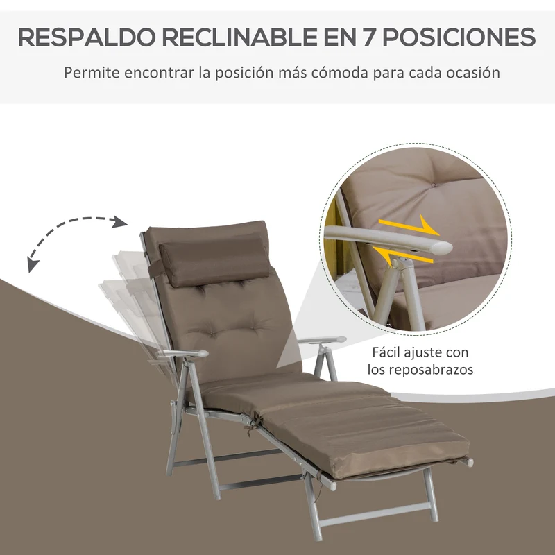 Outsunny Tumbona Plegable Tumbona de Jardín con Respaldo Ajustable en 7 Posiciones con Cojín Cuerpo Entero y Cabeza para Terraza Piscina Carga 165 kg 137x63,5x100,5 cm Marrón