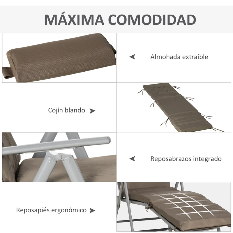 Outsunny Tumbona Plegable Tumbona de Jardín con Respaldo Ajustable en 7 Posiciones con Cojín Cuerpo Entero y Cabeza para Terraza Piscina Carga 165 kg 137x63,5x100,5 cm Marrón